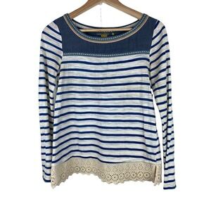 Anthropology Little Yellow Button XS White Blue Striped T-Shirt